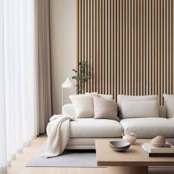 salon avec panneaux en tasseaux de bois