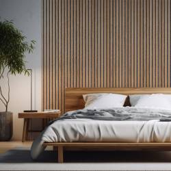 Chambre panneaux en tasseaux de bois chêne clair et feutrine grise