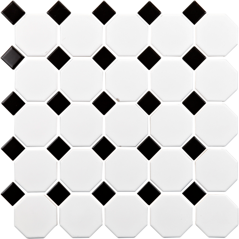 MAT INTER - Feuille 290x290x6mm - Porcelaine hexagone blanc 55mm - Cabochon noir 30mm