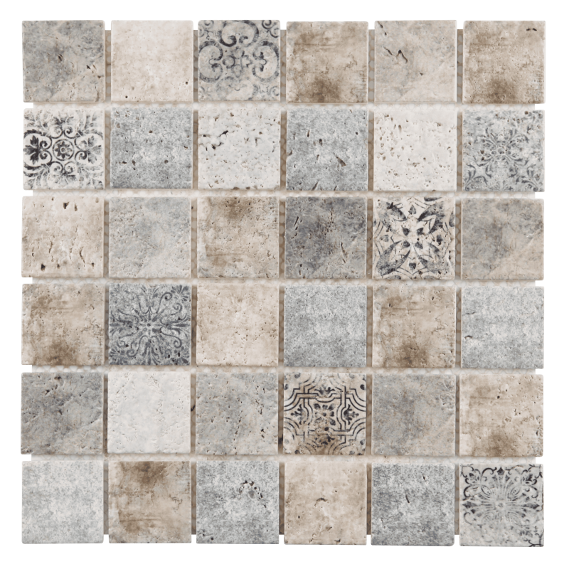 MAT INTER - Feuille 302x302x8mm - Tesselle 48x48 - Travertin peint patchwork - Style méditerranéen